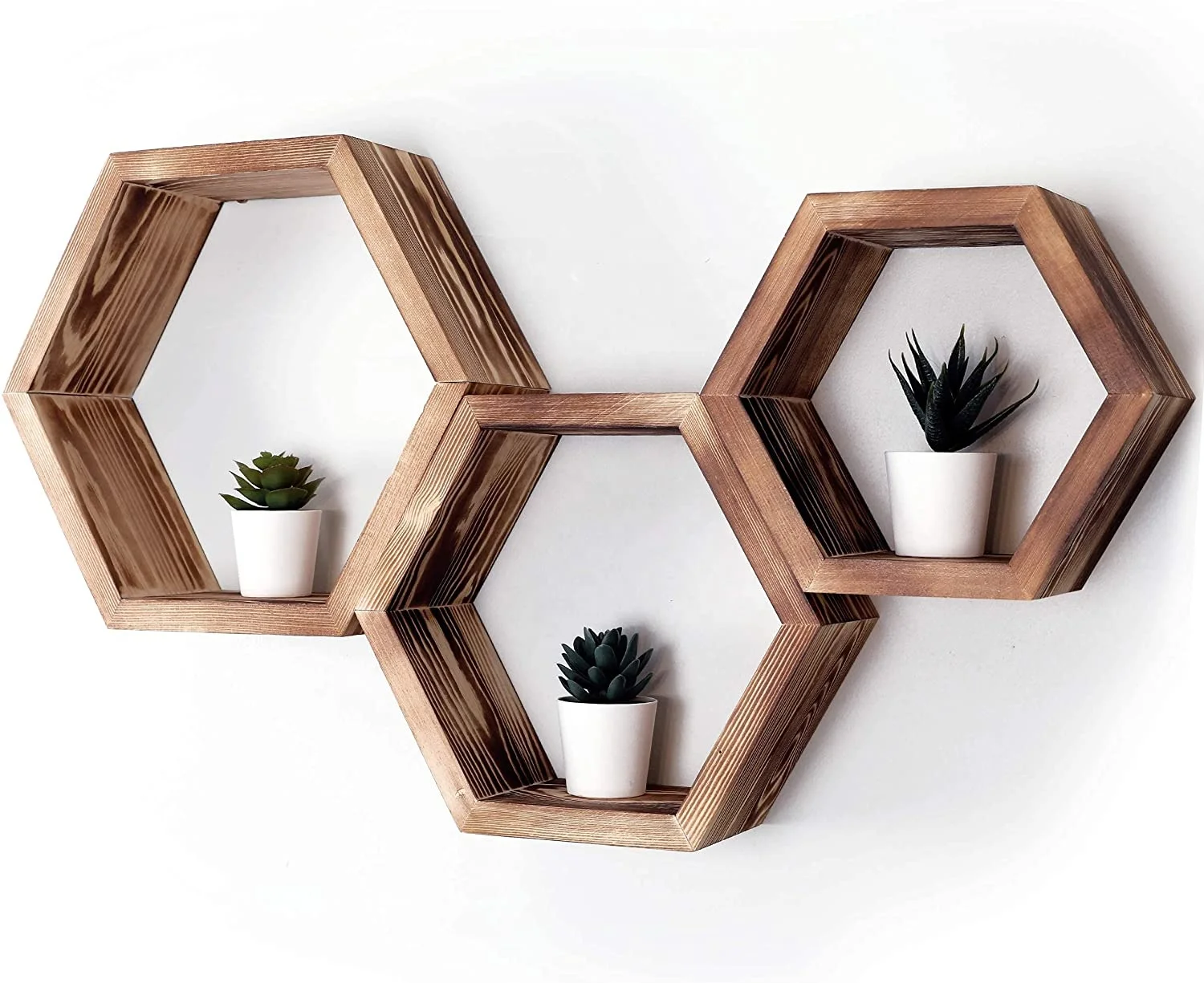 Hexagon Floating Shelves Set of 3 Boho Wall Decor Geometric Hexagon Shelves Wooden Honeycomb Succulent Plant Shelf