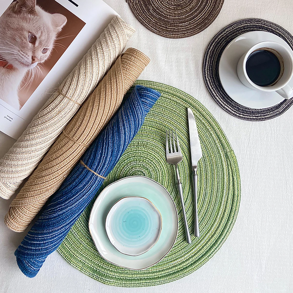 Drop Shipping Woven Machine Washable Place Mats Hot Selling Heat Resistant Placemats Round Placemat 14 Inch Cotton Table Mats