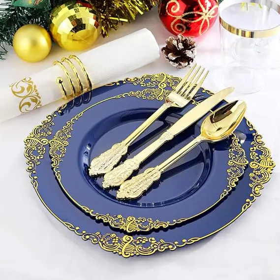 350pcsRose Gold Disposable Plates include 50Dinner Plates 50Dessert Plates  50 Napkin Cutlery 50Cups for Weddings & Parties