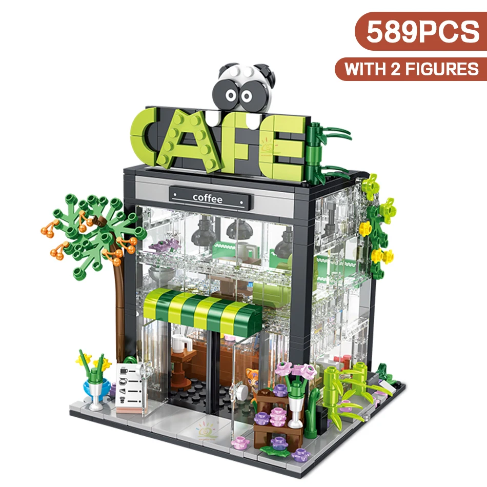 city street view creative diy house coffee shop flower store architecture building block bricks with led light toys for girls
