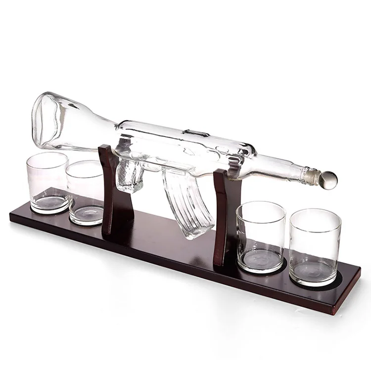 Handmade AK 47 gun shape glass whiskey decanter bottle and glasses sets