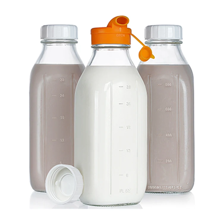 Hot Sale 32oz Glass Milk Bottles with Pour Spout Transparent Square Reusable Glass Bottles for Juice