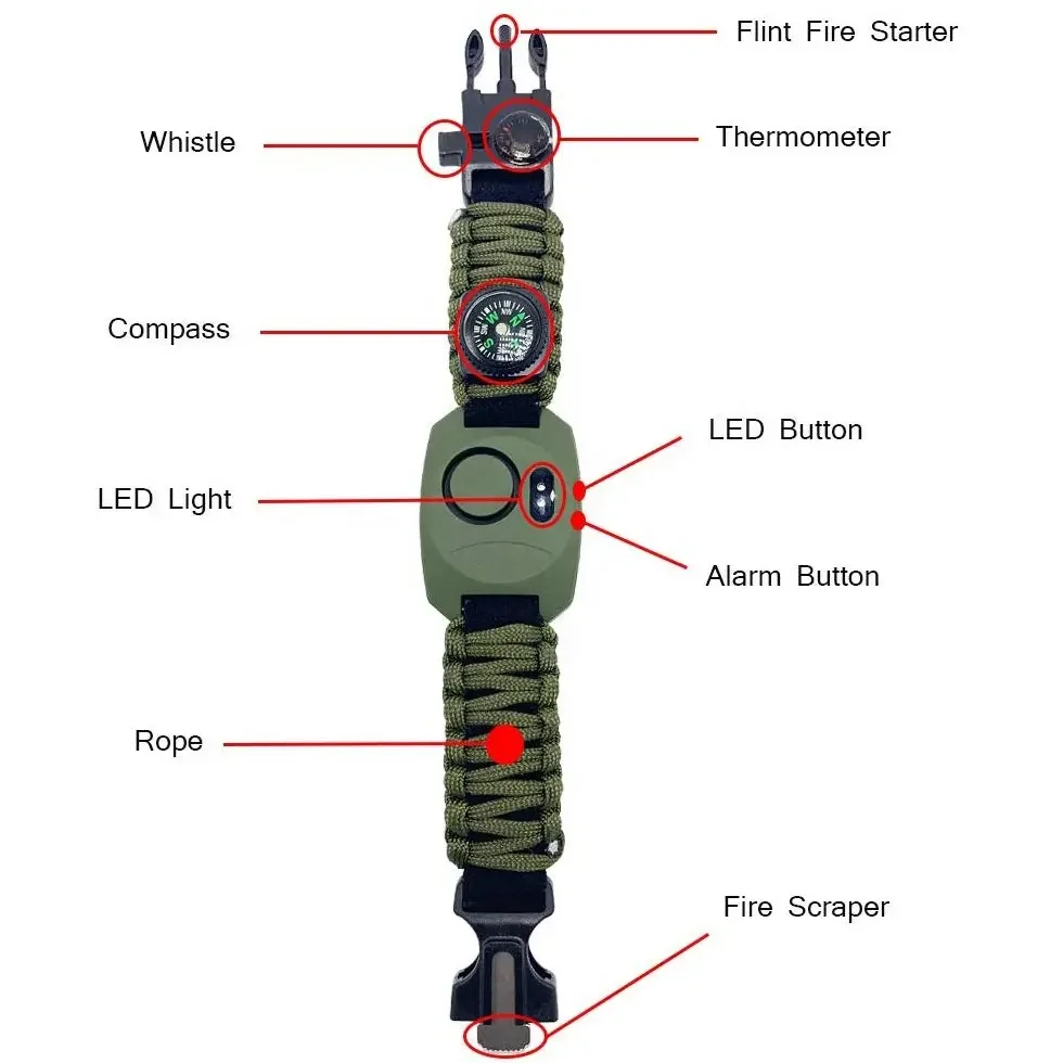 New Arrival 8 in 1 Survival Bracelet 130Db SOS Alarm Survival Paracord Bracelet With Knife Compass Whistle LED Light Thermometer