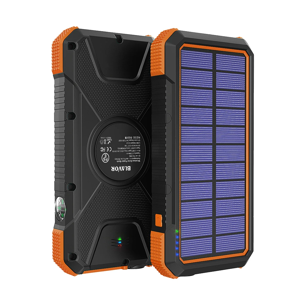 2022 new hot seller OEM Solar Charger PD18W QC 3.0 Fast charge Wireless Waterproof Flashlight Compass 20000mAh Power Bank