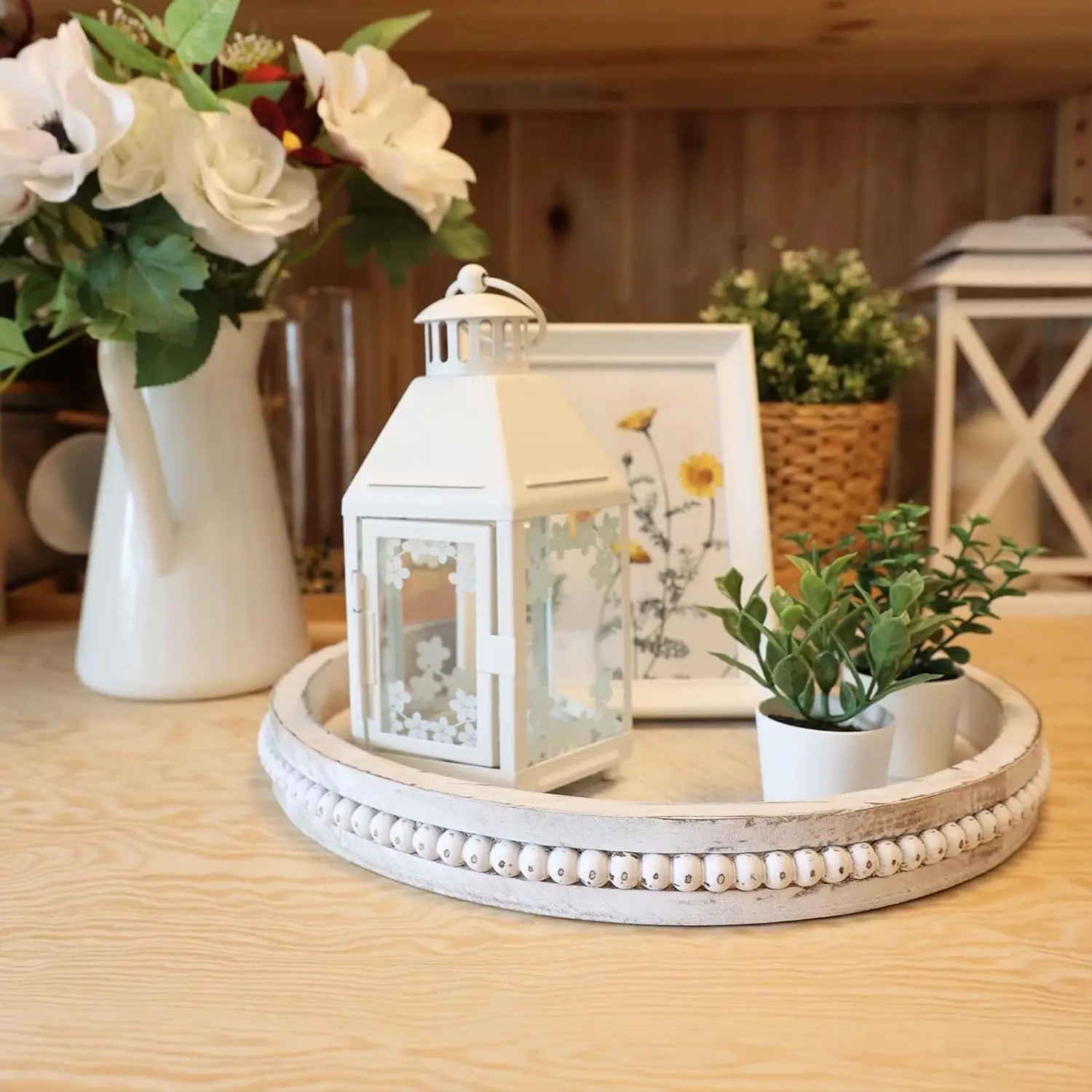 Rustic Wooden Trays Decor Farmhouse Kitchen Decorative Serving Tray Wood White Washed Bead Oval Tray for Coffee Table