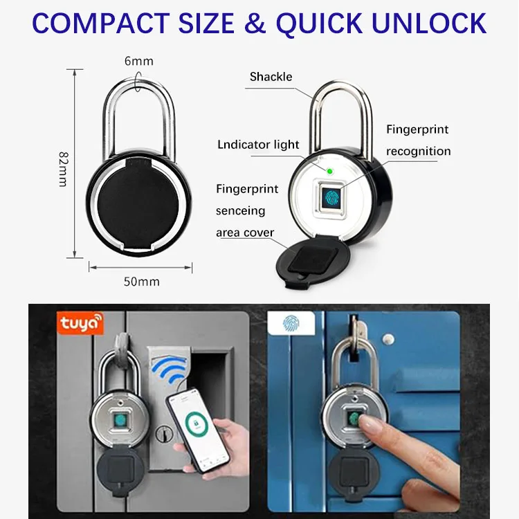 Waterproof Anti-Theft Tuya Smart Mini Fingerprint Padlocks Storage Smart Padlock with USB Charging