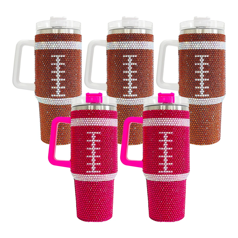 USA warehouse wholesale bulk 40oz football pattern bling tumbler with handle Gifts for Ballpark Sports Men Wome Team Boys Fans