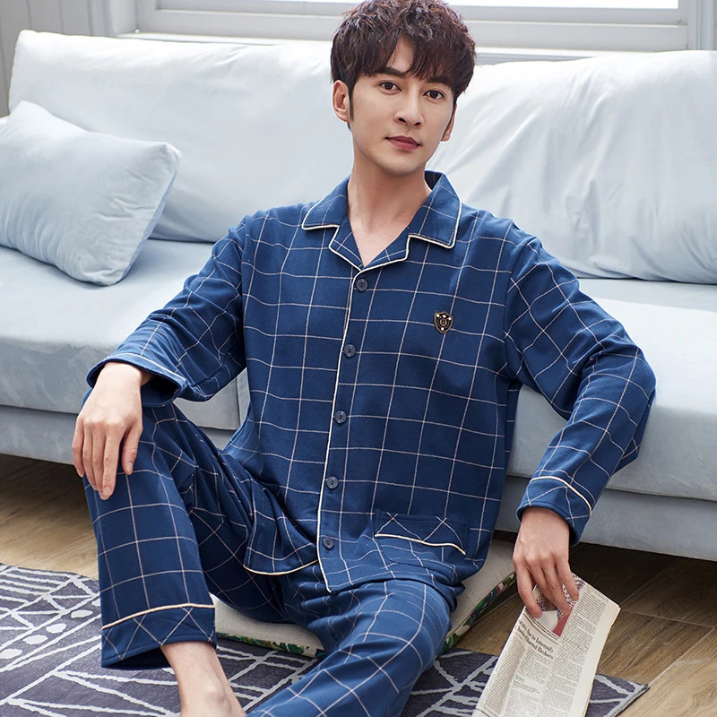 
2PCS Pajamas Men Cotton Long-sleeved Suit Plaid Large Size Sleepwear 
