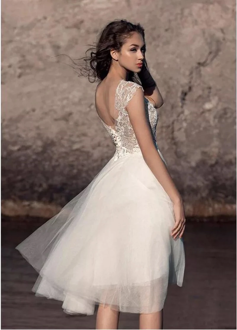 13571 # короткими цельнокроеными рукавами Vestido De Novia в богемном стиле V образным вырезом Тюль Кружева Аппликация до колена Короткое свадебное платье невесты 2022