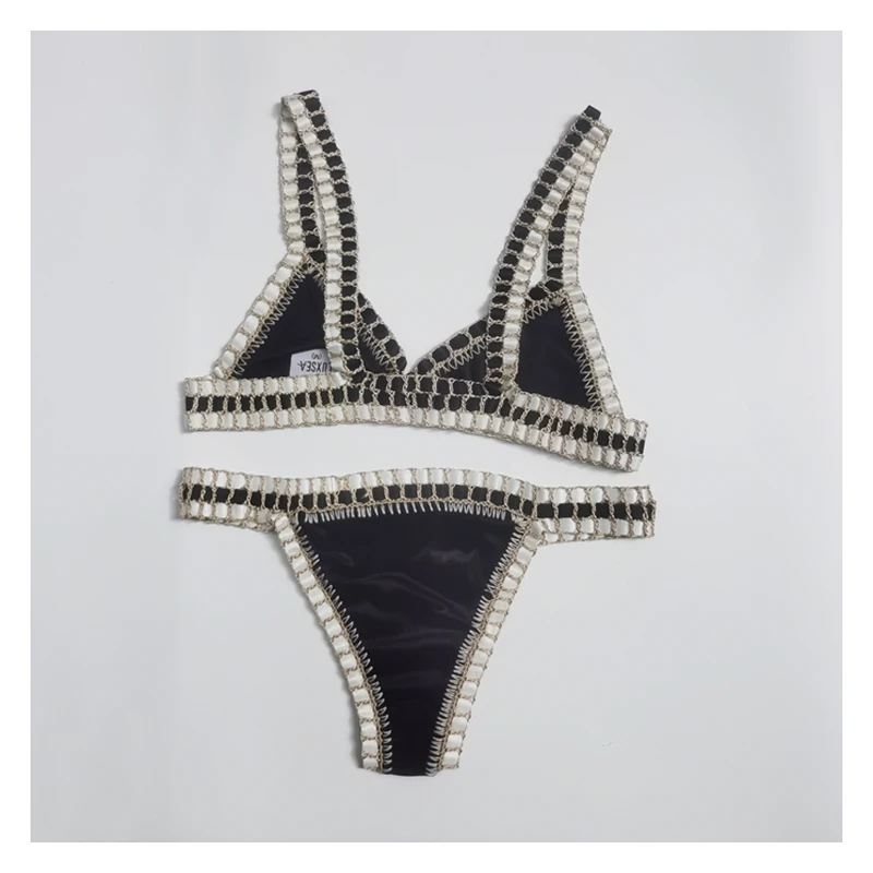 Black Crochet  Velvet Bikini Set Sexy Swimwear Triangle Bathing Suit New Swimsuit