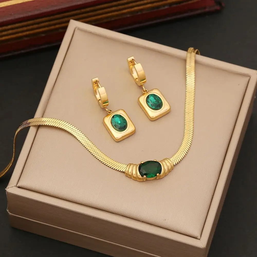 2023 Women High Quality Jewelry Set 18k Gold Plated Fashion Geometric Manmade Emeralds Stainless Steel Jewelry Set Wholesale