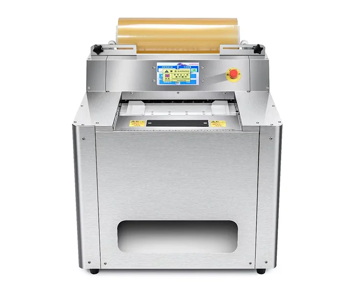 Table type cheap food tray wrapping machine cling film wrapper machine mushroom fish chicken film wrapping packaging