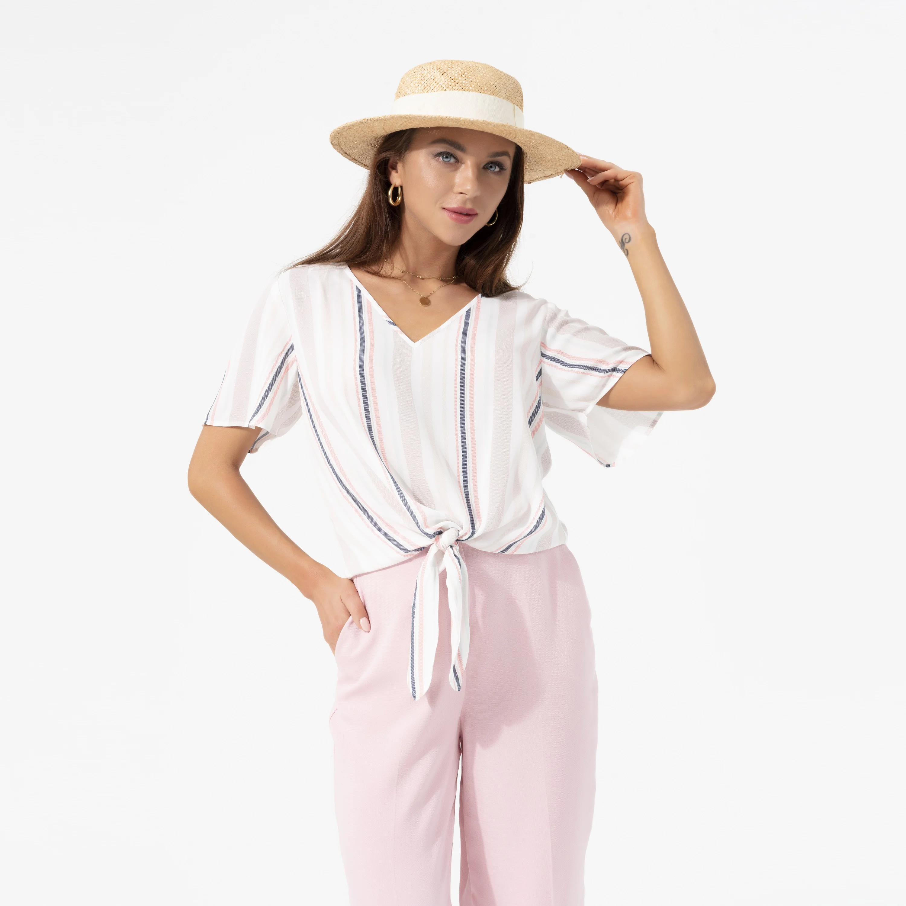 Women Chiffon Summer V Neck Flare Short Sleeve Front Tie Casual Top Blouses for Ladies