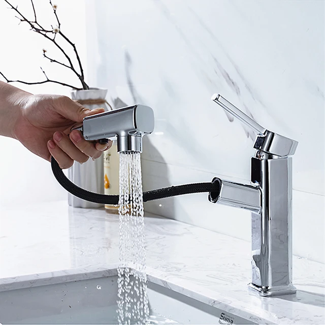 
Modern Bathroom Basin Tap Pull Out Bathroom Water Chrome Brass Basin Faucets 