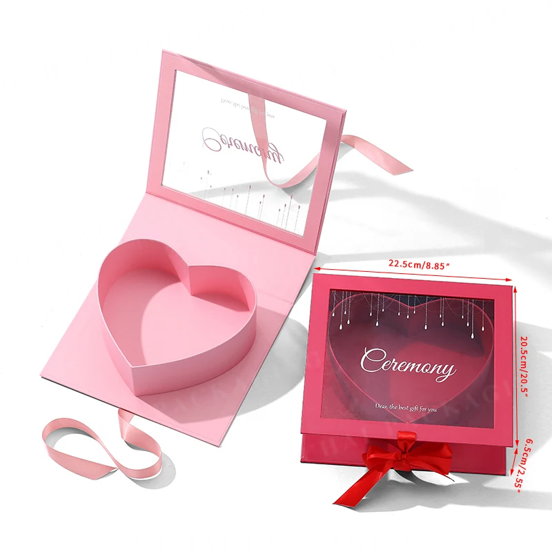 Custom Special Cardboard Packaging Boxes Clear Display Lid Flower Present Wrap Red Heart Shaped Gift Box with Transparent Window