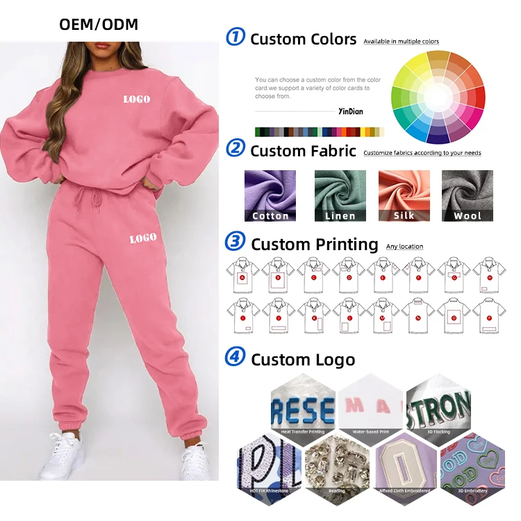 2 piece hoodie set custom logo high quality 3d print knitted Embroidered Embossed puff print crewneck women hoodie sweatshirt