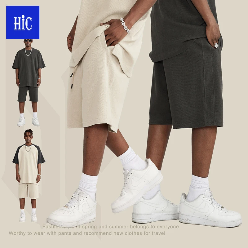 HIC Summer high quality 360gms custom logo casual drawstring waffle shorts heavyweight jogging sports shorts solid color shorts