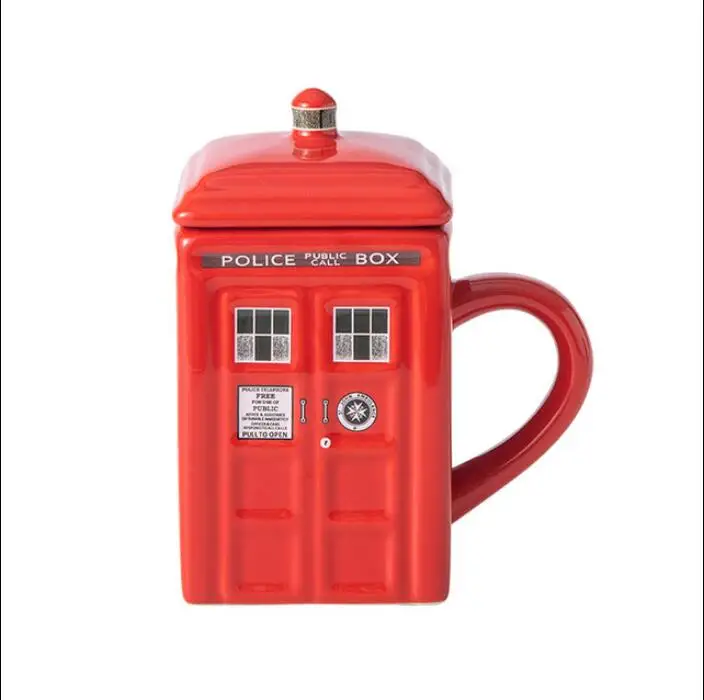 2024 New Custom Logo 3d Vintage British police telephone booth ceramic novel Mug coffee cup with lid