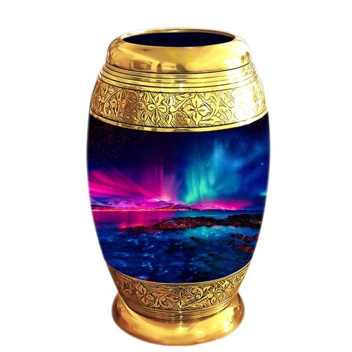 Colourful Northern Lights Brass Cremation Urn Handmade Design Top Selling Funeral Cremation Urn For Adult Memorial Ashes Jar Urn