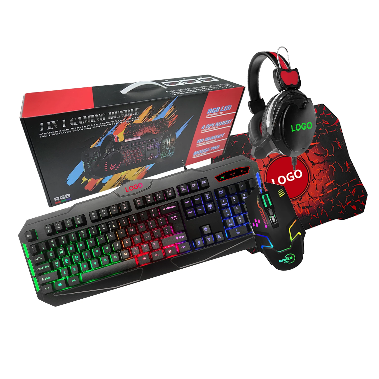  Дешевая 104 клавишная ПК светодиодная подсветка RGB Led Rainbow Gamer Setup 1 набор комплектов наушников гарнитура комбо Проводная игровая мышь и