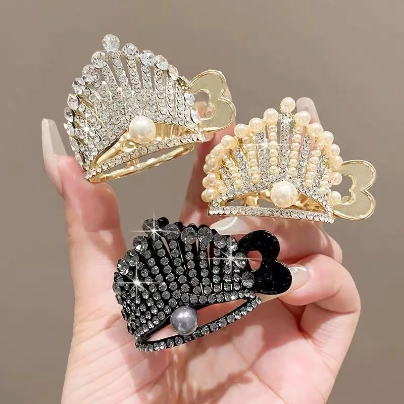 Diamond Pearl Crown Hair Clip Rhinestone Crown Women Shark Claw Clips Girls Wedding Hair Accessories