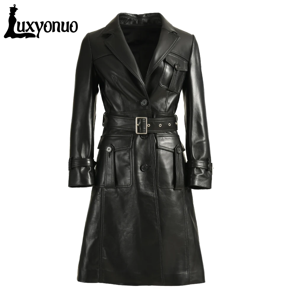 OL Simple Belt Windbreaker Ladies Coats Girls 2023 Luxury Formal Korean Leather Women Long Blazers Ladies Leather Jacket