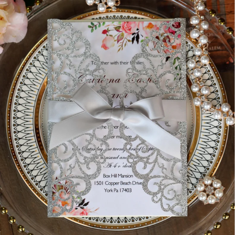 DIY handmade bow glitter gift wedding invitation cover Custom greeting card