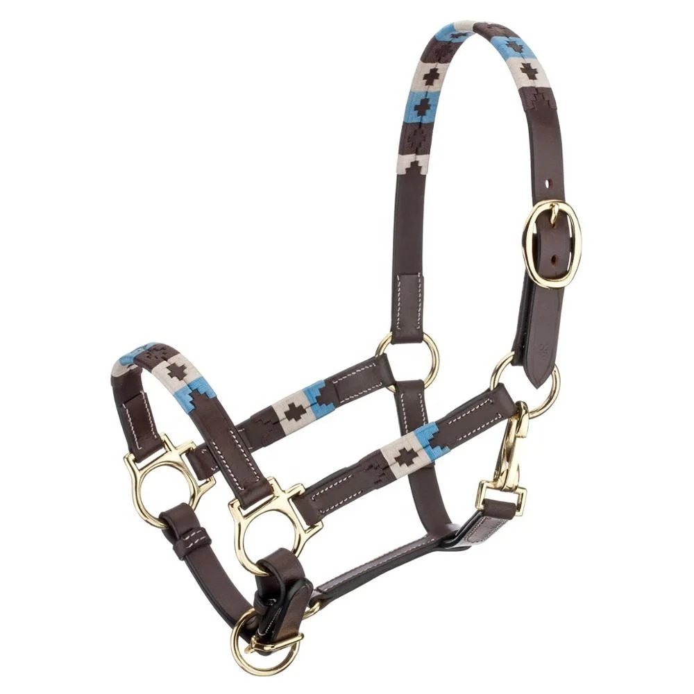 Высококачественная кожаная поло с лямкой через шею для лошадей-Ширина 15 мм-Традиционная ручная строчка-цельная латунная фурнитура с позолоченным покрытием