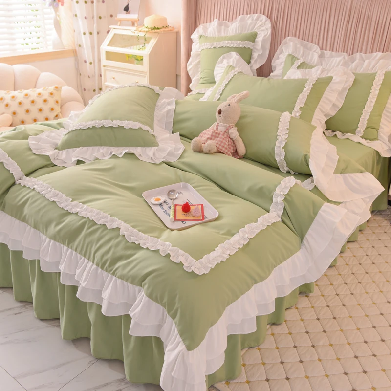 Romantic pink Duvet Cover Set with Bed Skirt Lace Ruffle Chic Bedding Sets Queen 4 Piece bed sheets sets duvet cover 100% cotton