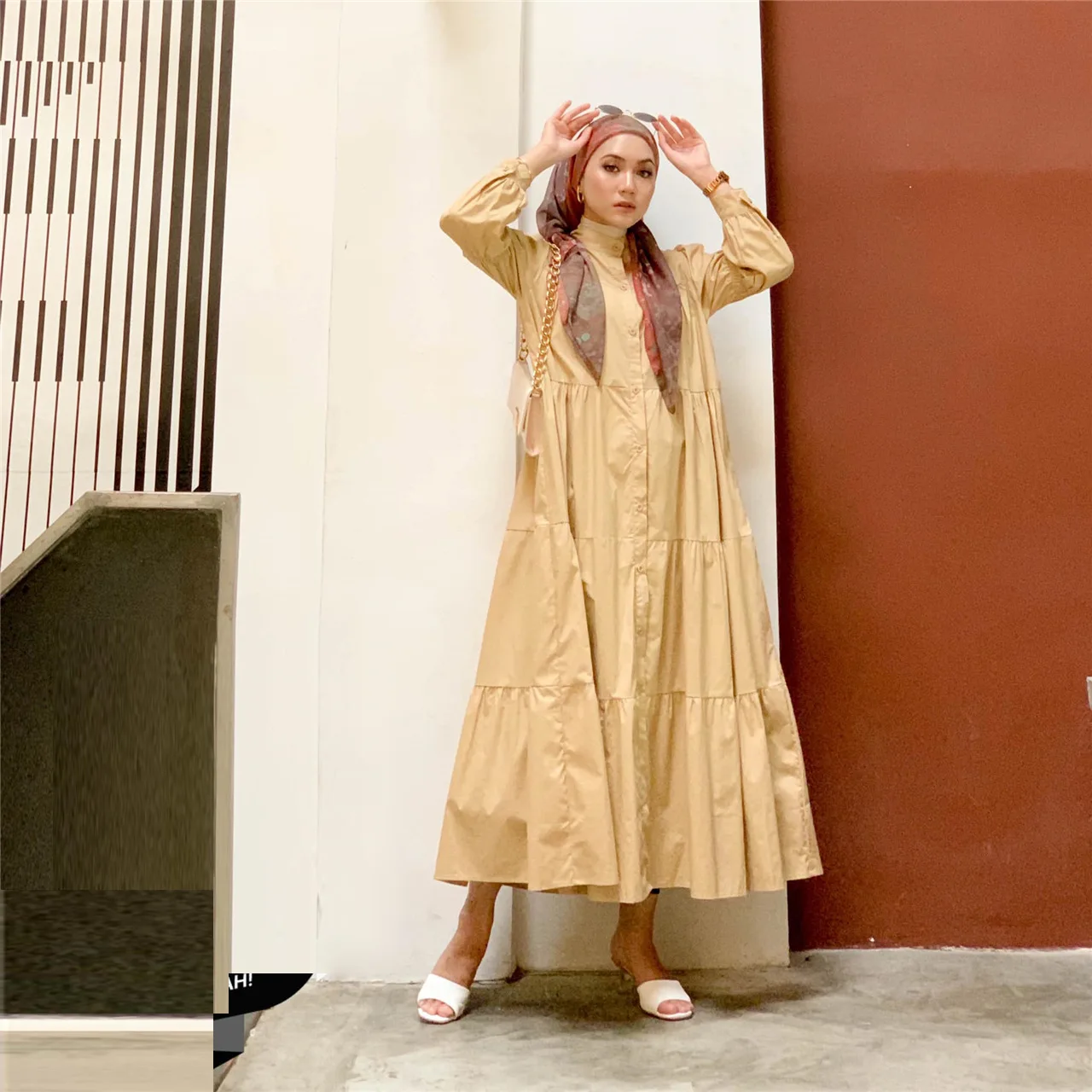 2024 Indonesia Muslim Solid Casual Dress Loose Daily Crew Neck Dress Cotton Patchwork Abaya Dress Kaftan with Buckle