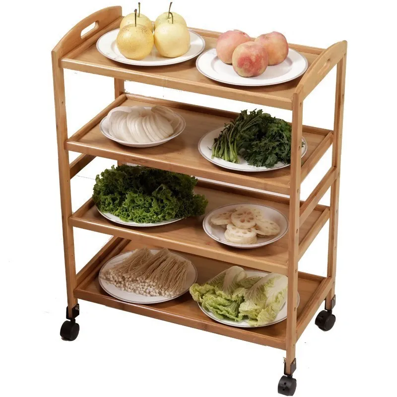 4 Tiers Bamboo mobile dining car tea cart kitchen hotel hotpot dish rack multi-functional with wheel rack