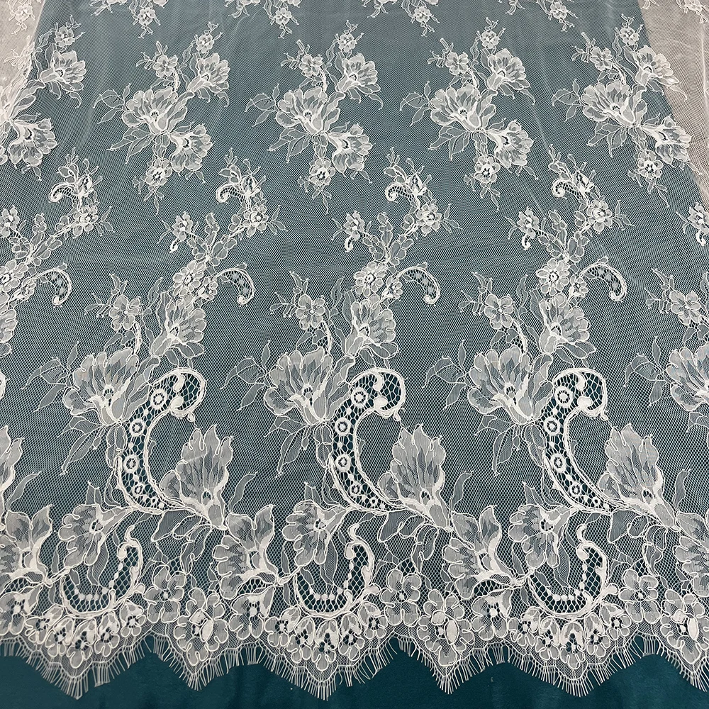 White French Eyelash Chantilly Length 3M  Thickness Embroidery Flowers Bride Lace Fabric