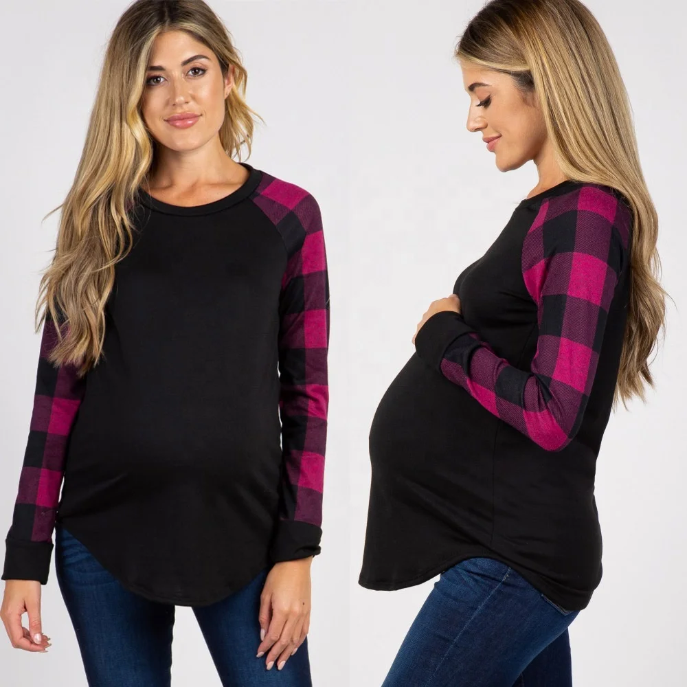 Round neck printed plaid long-sleeved maternity top  Lady Maternity Dress