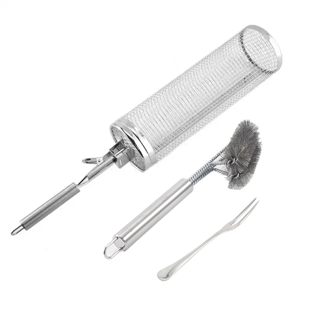 New barbecue grill mesh 304 stainless steel round rolling bbq grilling baskets with fork scraper