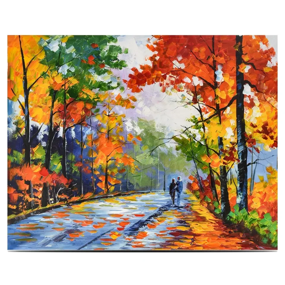 Wholesale Price Custom Landscaping Art Home Decoration Autumn Trees Leaf Birch landscape Thick Handmade Knife Oil painting