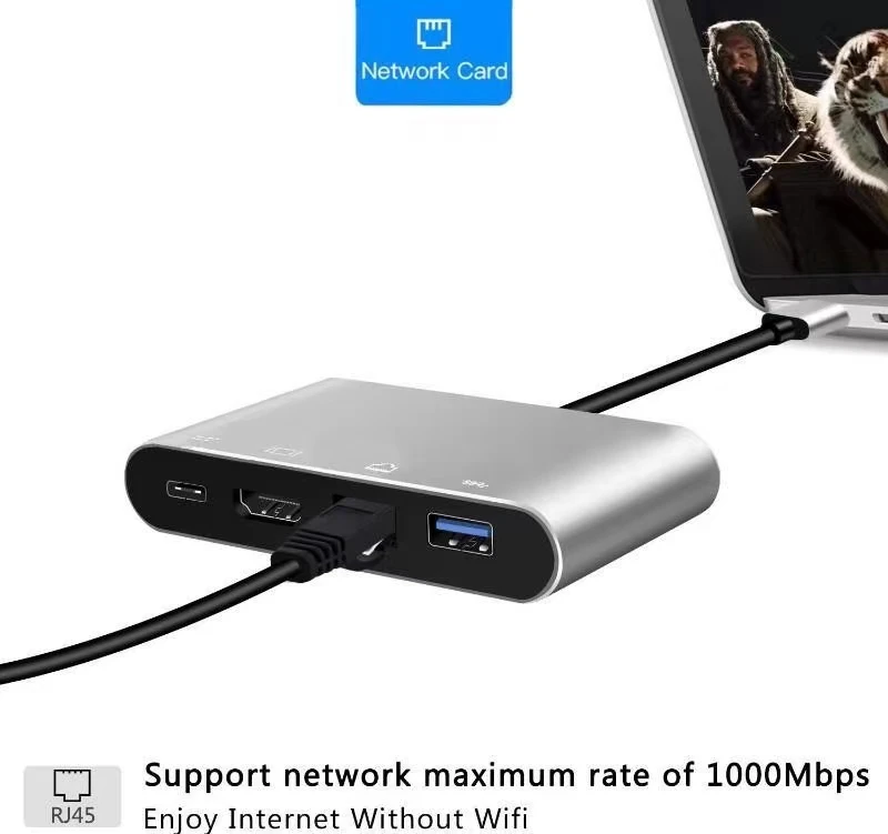 USB 3.1 Type C 100Mbps Lan Ethernet USB3.0 HDMI-Compatible USBC PD Charging 4 in 1 Extender Adapter Hub for Macbook Air Pro
