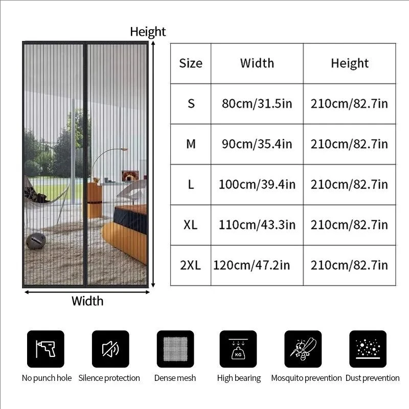 2024 New Magnetic Screen Door Curtain Anti-Mosquito Net Fly Insect Screen Mesh Automatic Closing 5 Size Easy Installation