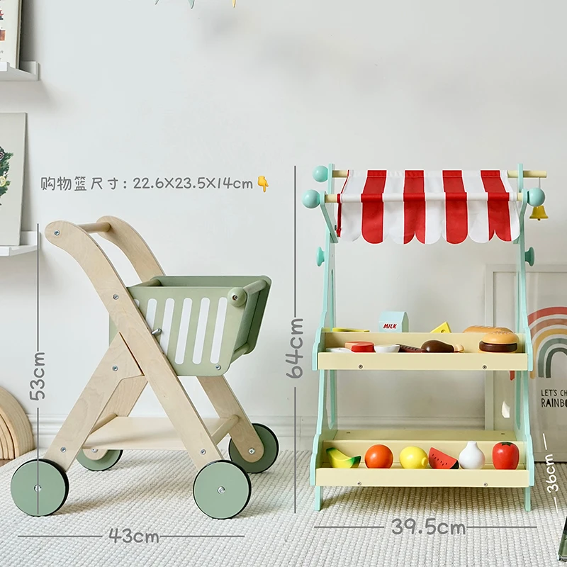 2022 New style hot selling simulation cookhouse supermarket toy children wooden shopping cart store set toys