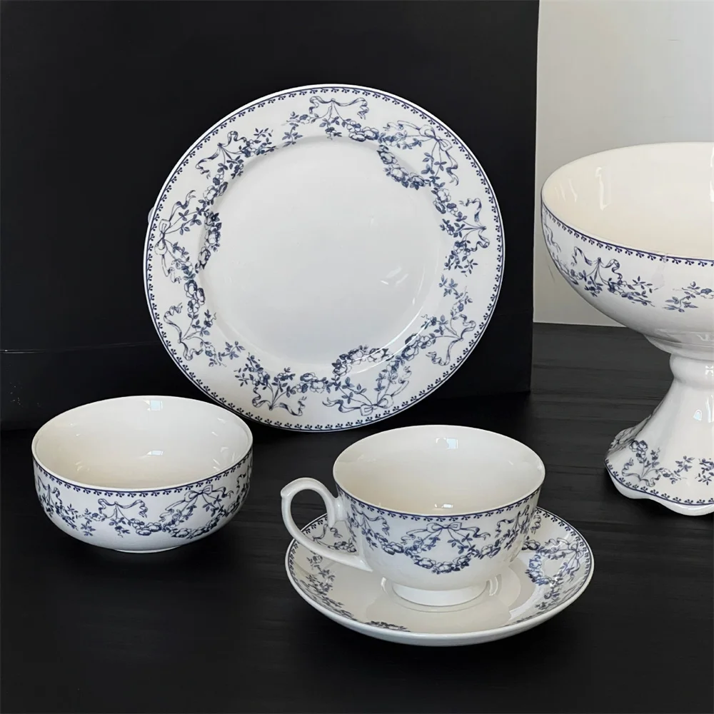 Vintage French Blue Flower Medieval Ceramic Dinnerware Set Porcelain Bowls Dinner Plates Dishes Tea Cups Tableware Sets