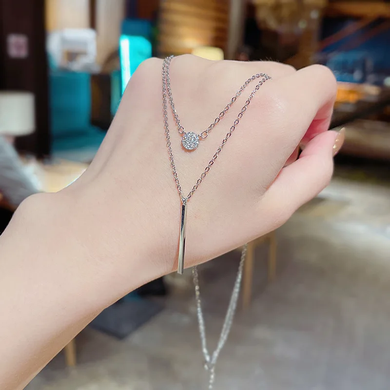 Classic Double Layer Stainless Steel Diamond Necklace Wholesale Women Crystal Tassel Pendant Necklaces