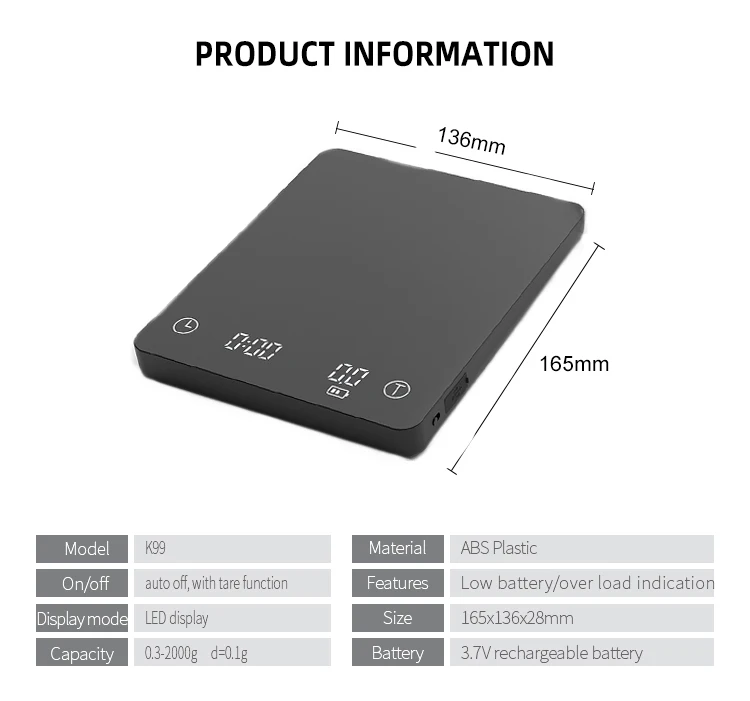 Touch Button LED Kitchen Scale Black Hand Pour USB Timer Ultrathin Espresso Coffee Drip Scale With Timer Baking Table