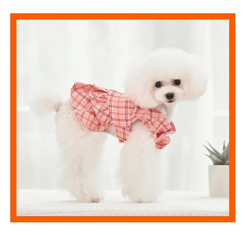 Factory wholesale custom LOGO and package bowknot button plaid pattern o-neck pet dog dress with D-ring and leash