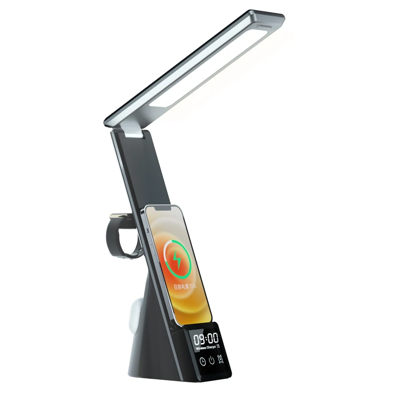 N61 Folding 15W Fast Charging 3 in 1 Led Table Lamp Wireless Charger with Alarm Clock