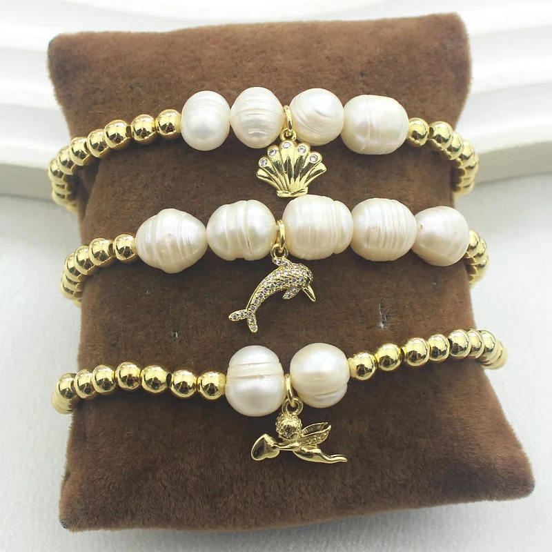 CH-JDT0282 Beautiful Freshwater Pearl Beads Elastic Bracelet Fashion Micro Pave CZ Shell/Angel/Dolphins Charm Bracelet Wholesale