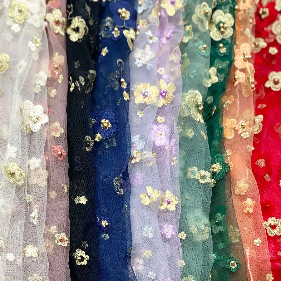 2021 dubai french cloth wedding dress design green black lace mesh net textile flower 3D beaded embroidery tulle fabric