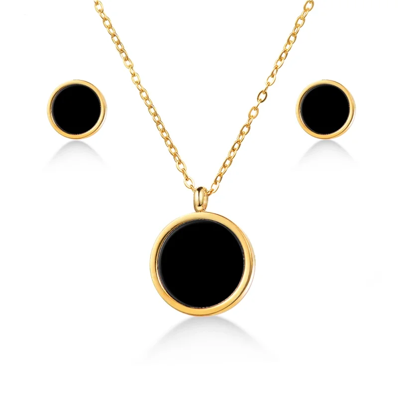 BAOYAN Simple Black Round Necklace Earring Stainless Steel Costume Jewelry Sets