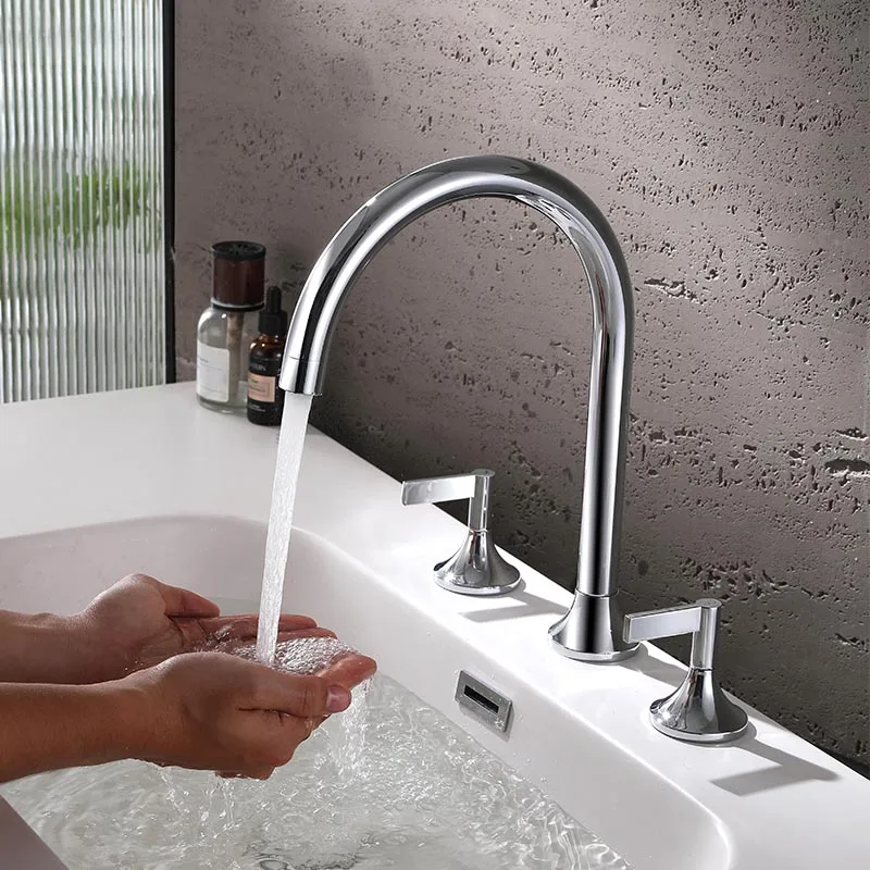 Luxury Basin Bathroom Water Faucet gold black brass Double Lever 3 Hole lead basin faucet bathroom taps