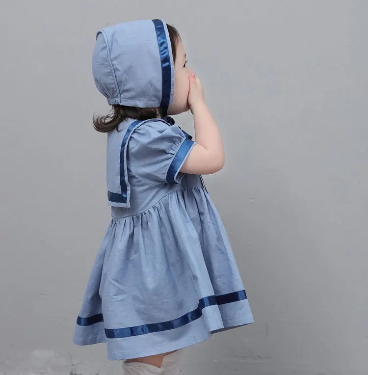 08AS solid blue princess design little baby girls princess dresses infant toddler kids cotton dress clothing boutiques