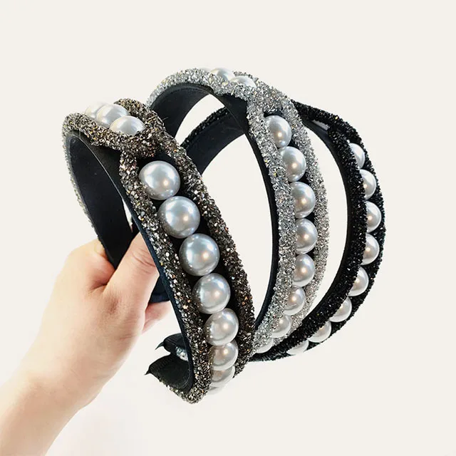 Wholesale Pearl Diamond Strip Cross Twisted Hair Band Lady Hair Accessories