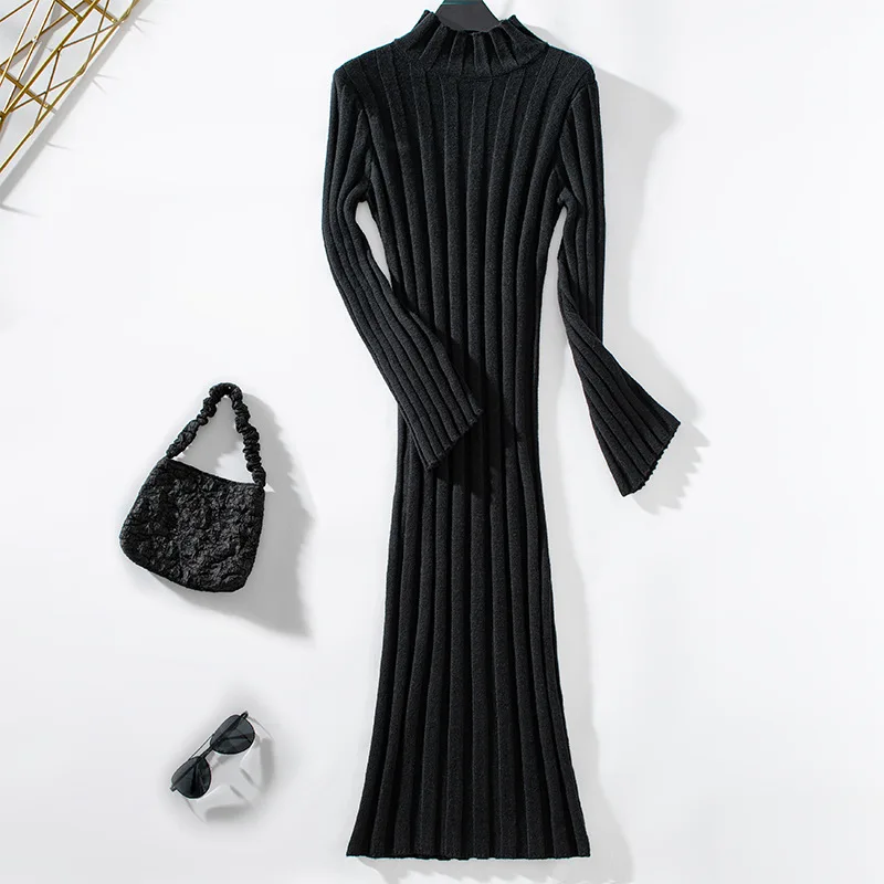Autumn and winter new casual fashion high neck woolen dress Knitted long tight fitting high elasticity dress